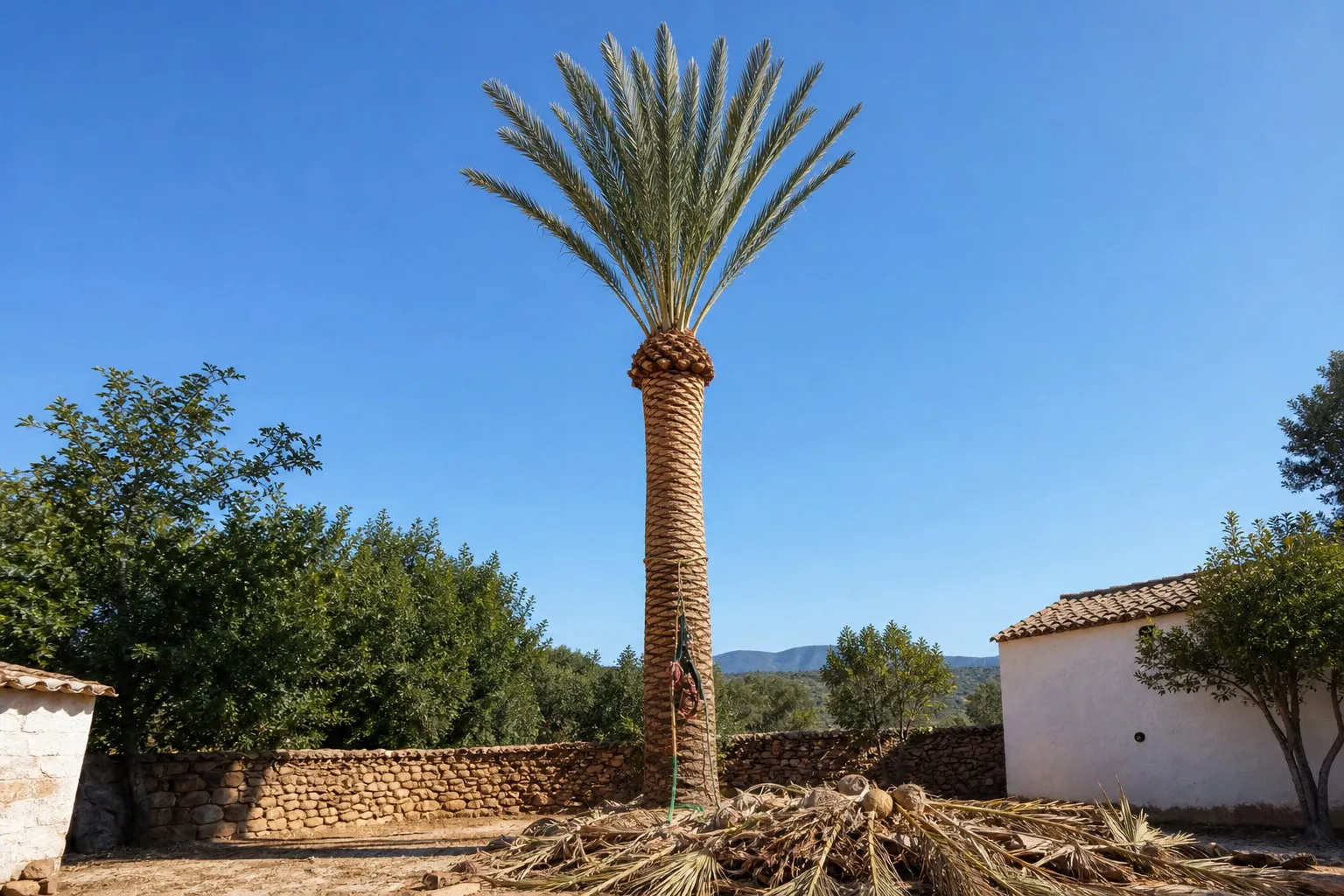 Palmera datilera recién podada, con las hojas secas cortadas al pie del tronco